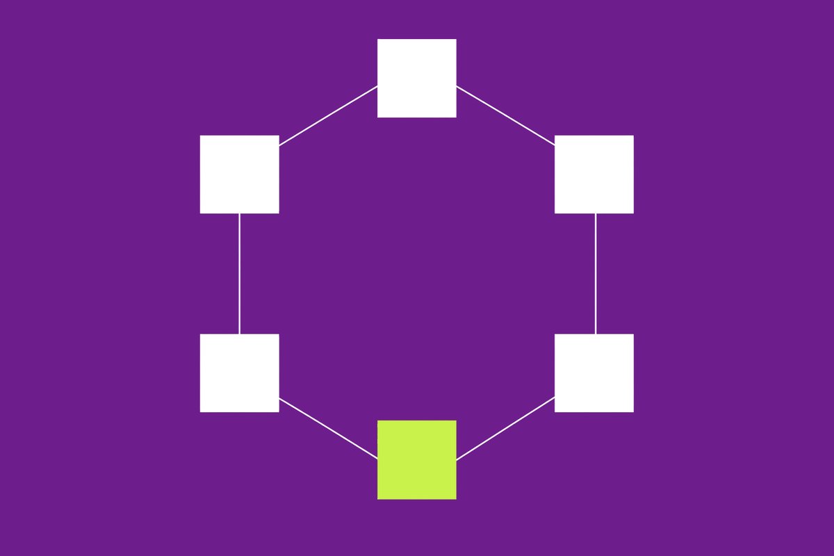Six circles joined by lines of equal weight, one of the circles filled.